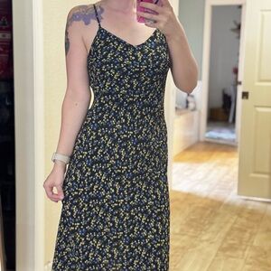 Vintage Y2K Express black, yellow, and blue ditsy floral V-neck midi slip dress
